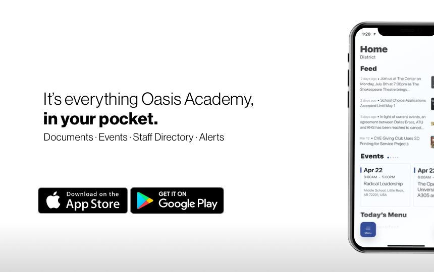Banner promoting the new Oasis Academy mobile app