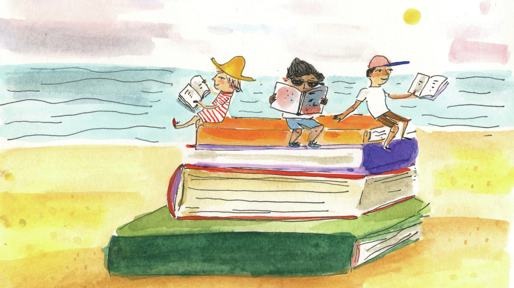 Cartoon of students sitting on giant books in summer